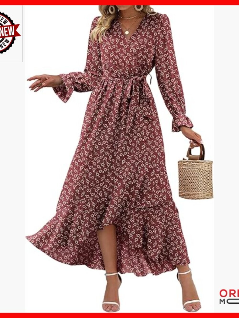 Long Sleeve Maxi Dress with V Neck Ruffle Sleeves High Waist Floral